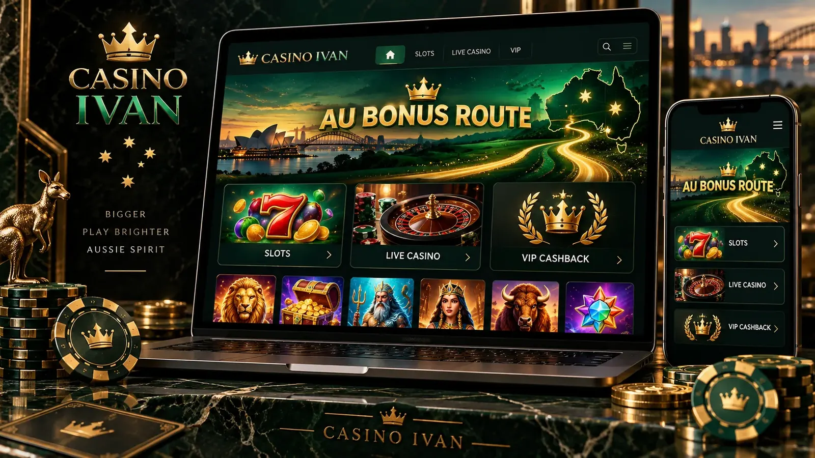 Casino Ivan Australia bonus route interface on laptop and phone