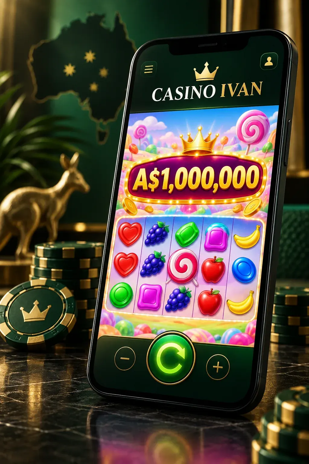 Casino Ivan branded mobile slot interface with an A$1,000,000 display on a phone